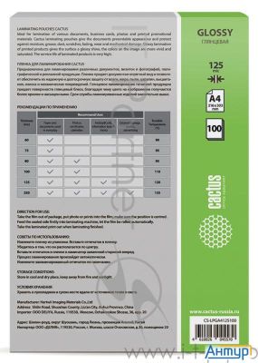 Пленка для ламинирования Cactus 125мкм A4  100шт  глянцевая 216x303мм Cs Lpga4125100