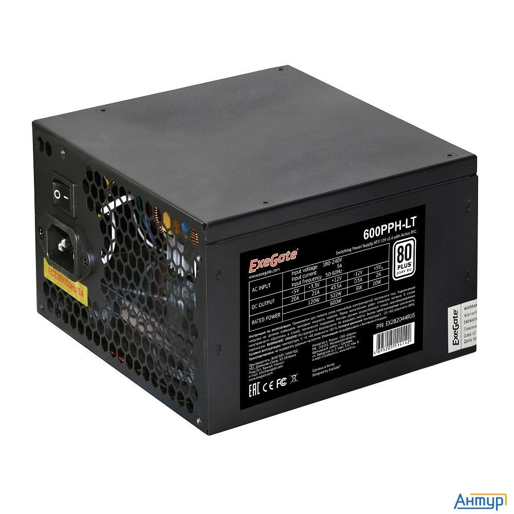 Exegate Ex282044rus Блок питания 600w Exegate 600pph-lt,  80+, Rtl, Atx, Black, Apfc, 12cm, 24p, (4+