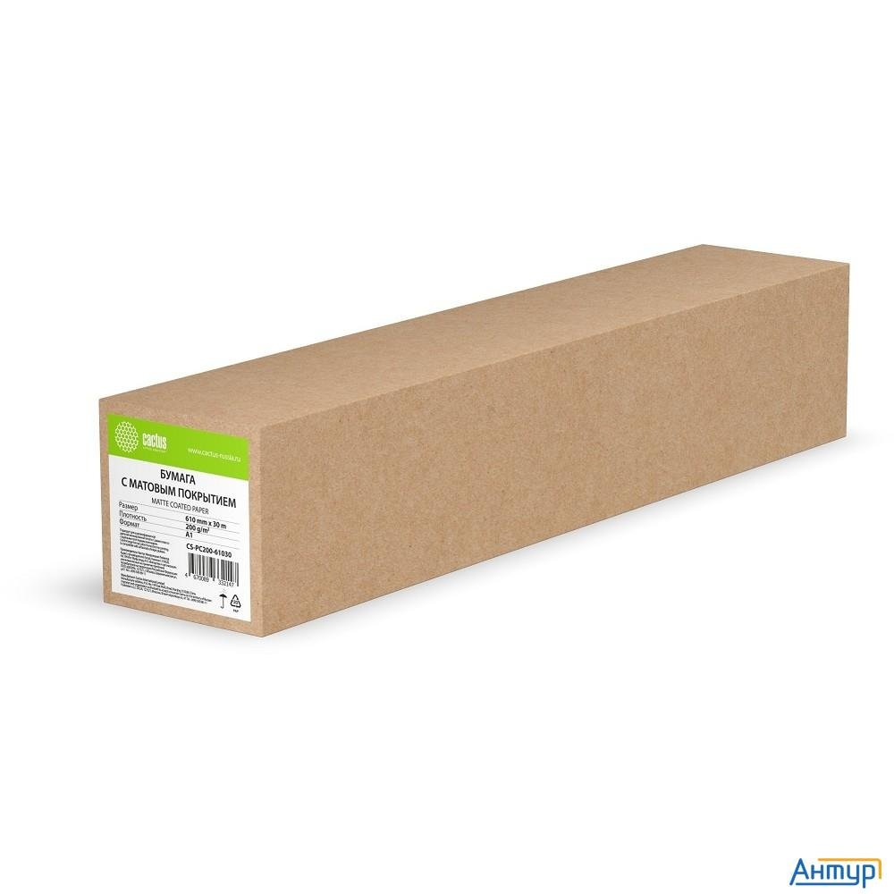 Бумага Cactus Cs-pc200-61030 24"(a1) 610мм-30м/200г/м2/белый матовое универсальная (с покрытием) вту