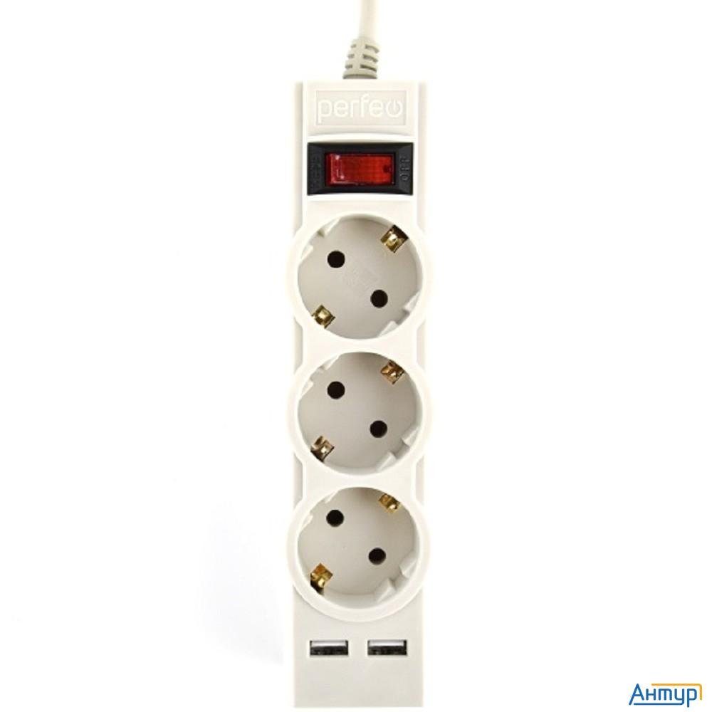 Perfeo сетевой фильтр "power-s", 1,8м, 3 розетки 10А, 2usb, 2500 Вт, двойная защита, серый.