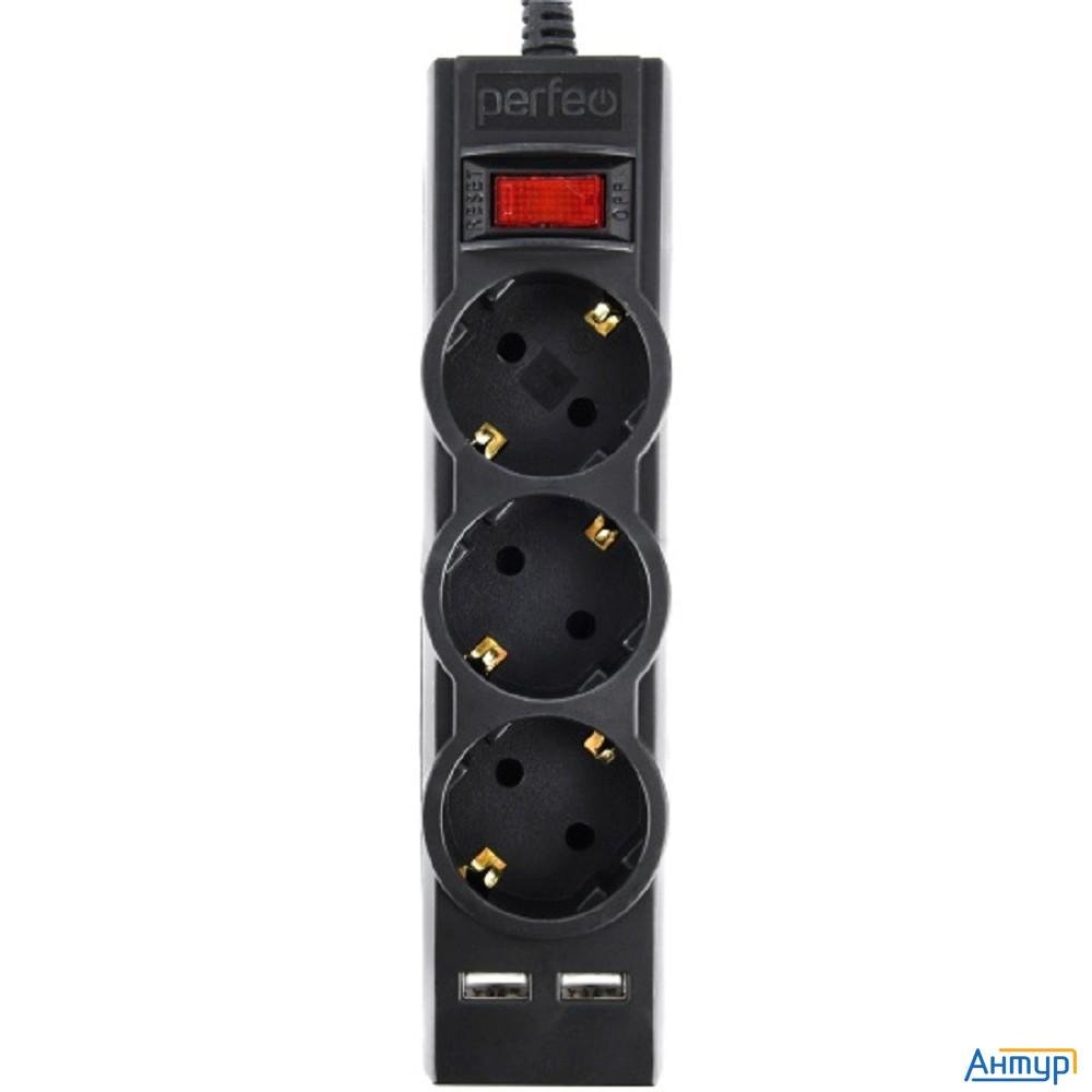Perfeo сетевой фильтр "power-s", 1,8м, 3 розетки 10А, 2usb, 2500 Вт, двойная защита, черный.