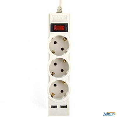 Perfeo сетевой фильтр "power-s", 3,0м, 3 розетки 10А, 2usb, 2500 Вт, двойная защита, серый.