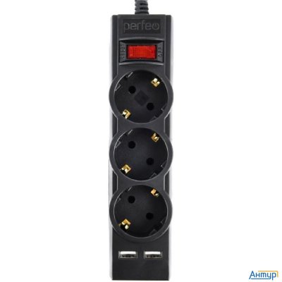 Perfeo сетевой фильтр "power-s", 5,0м, 3 розетки 10А, 2usb, 2500 Вт, двойная защита, черный.