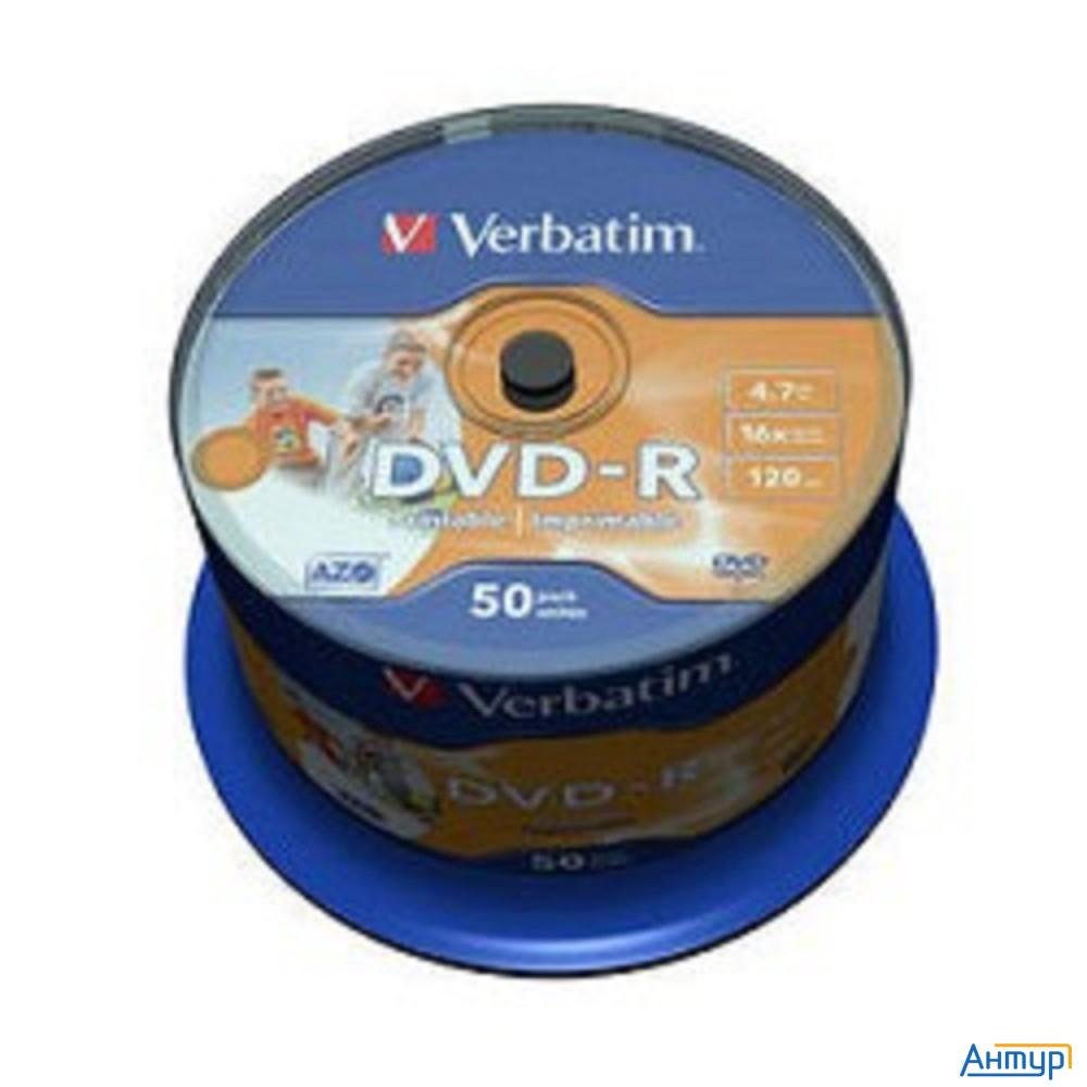 Verbatim  Диски Dvd-r  4.7gb 16х, Wide Photo Inkjet Printable, 50шт, Cake Box (43533/43649)