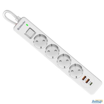 Defender Удлинитель с сетевым фильтром Dfs 143 3 м,белый,4розетки,usb+typec [99434]