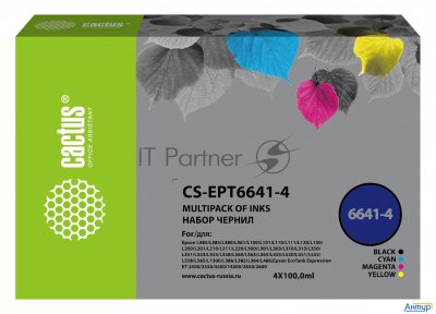 Чернила Cactus Cs-ept6641-4 голубой/пурпурный/желтый/черный набор 4x100мл для Epson L100/l110/l120/l